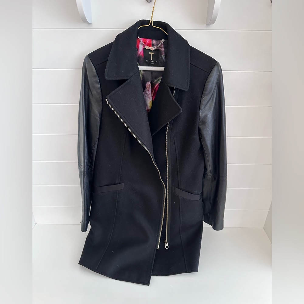 Ted Baker London black leather sleeve and silk/wool jacket